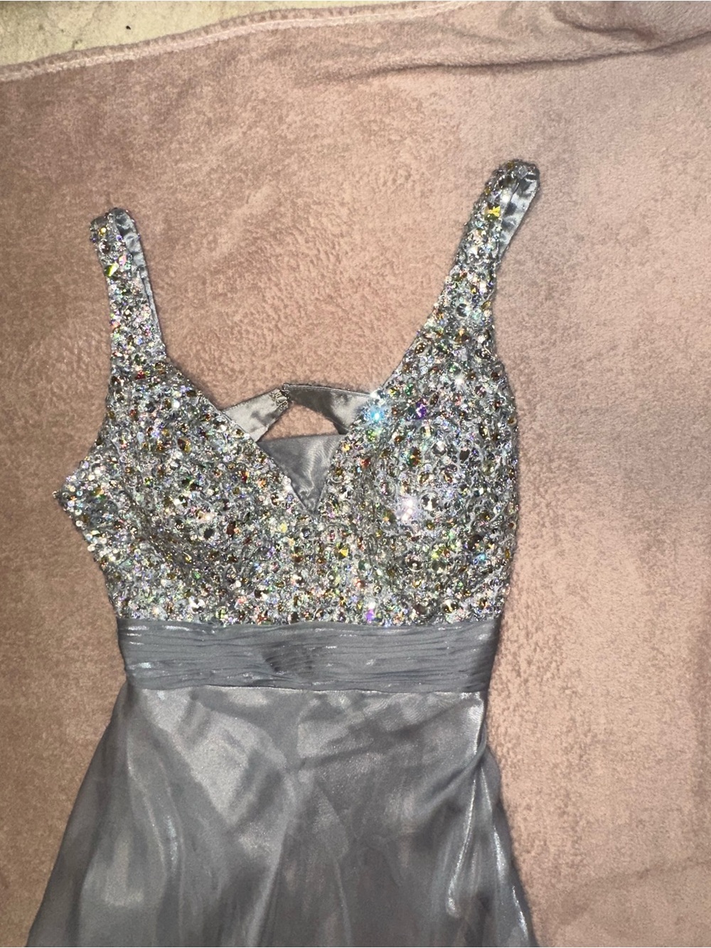 Studio 17 Silver Crystal-Embellished A-Line Prom Dress